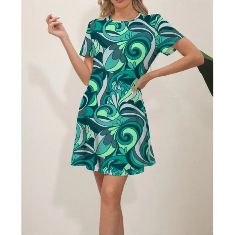 2024 Summer Latest Women's Fashion Print Street Trend Round Neck Sweet and Fresh Flowers Solid Colors Suitable for Beach Dresses