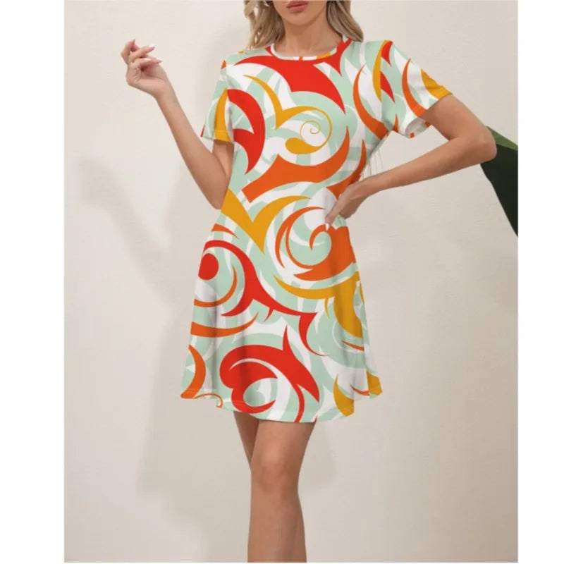 2024 Summer Latest Women's Fashion Print Street Trend Round Neck Sweet and Fresh Flowers Solid Colors Suitable for Beach Dresses
