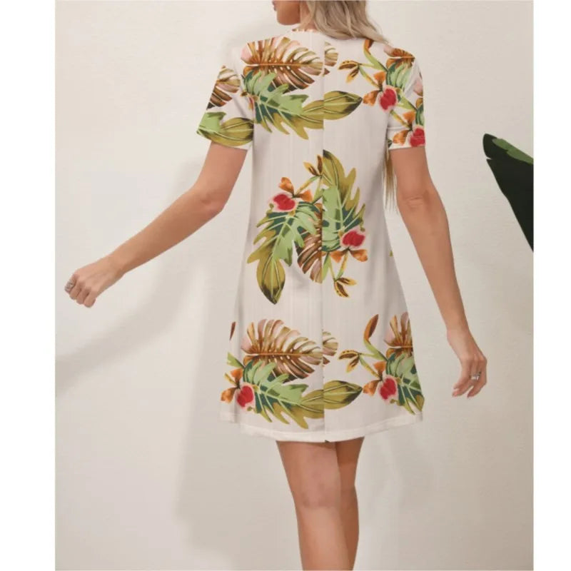 2024 Summer Latest Women's Fashion Print Street Trend Round Neck Sweet and Fresh Flowers Solid Colors Suitable for Beach Dresses